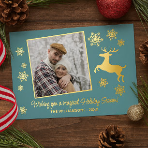 Custom Deer & Snowflakes On Teal Blue Green Gold Foil Holiday Card