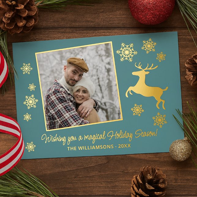 Custom Deer & Snowflakes On Teal Blue Green Gold Foil Holiday Card (Creator Uploaded)