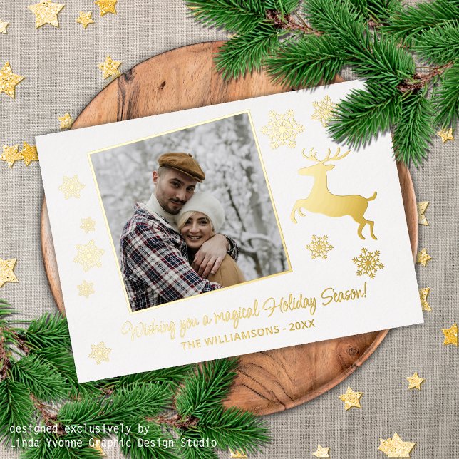 Custom Deer & Snowflakes On White Gold Foil Holiday Card (Creator Uploaded)