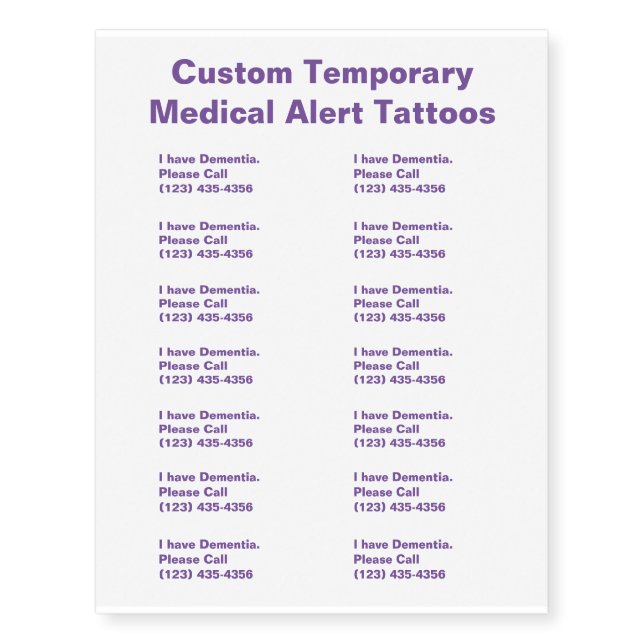 Custom Dementia Medical Alert Temporary Tattoos (Front)