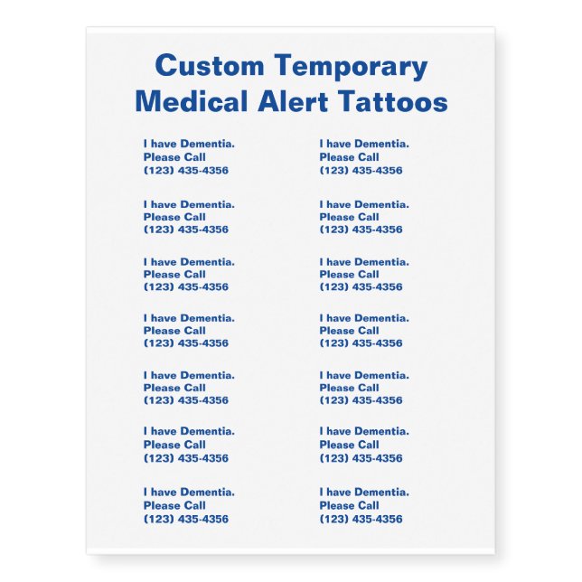 Custom Dementia Medical Alert  Temporary Tattoos (Front)