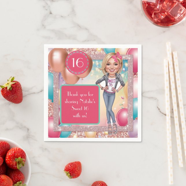 Custom Denim and glitter Sweet 16 Napkins (Insitu)