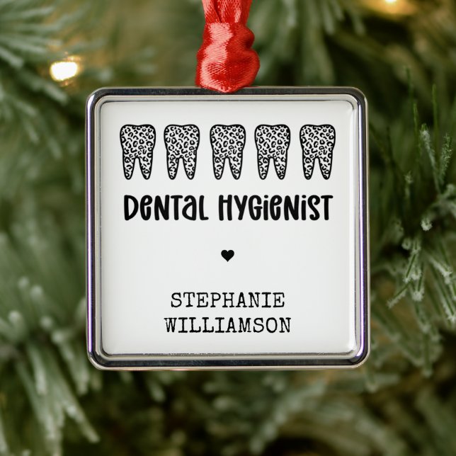 Custom Dental Hygienist Leopard Print Teeth Metal Ornament (Tree)