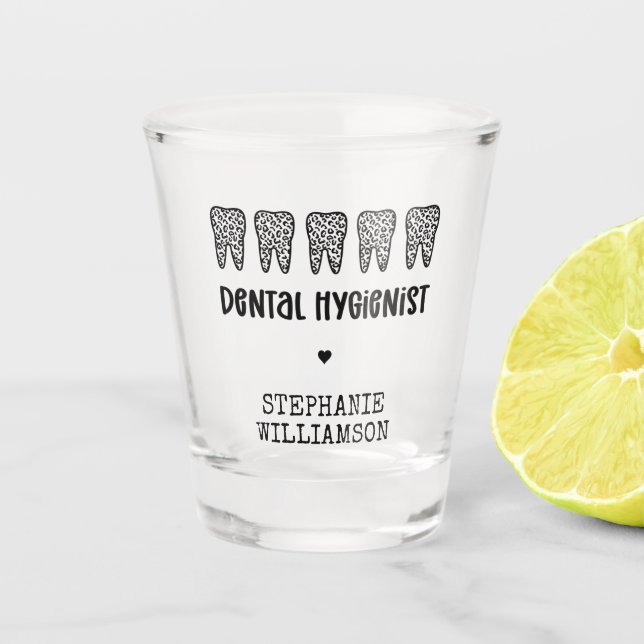 Custom Dental Hygienist Leopard Print Teeth Shot Glass (Front)