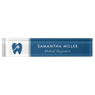 Custom Dentist Logo White & Navy Blue Desk Name Plate
