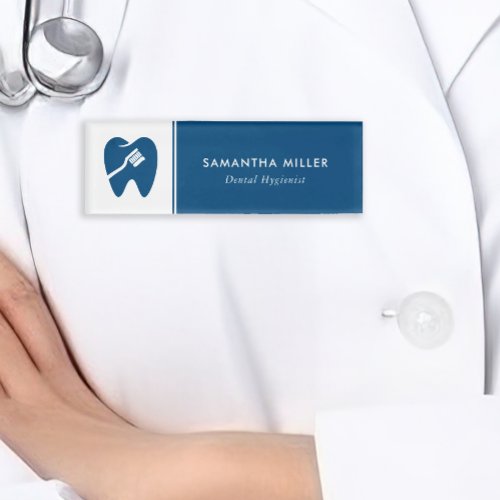 Custom Dentist Logo White  Navy Blue Name Tag