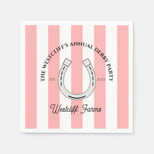 Custom Derby Party Pink Cabana Stripes Horseshoe Napkins (Front)