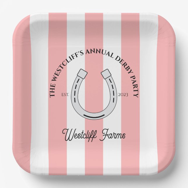 Custom Derby Party Pink Cabana Stripes Horseshoe Paper Plates (Front)