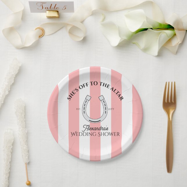 Custom Derby Shower Pink Cabana Stripes Horseshoe Paper Plates (Wedding)