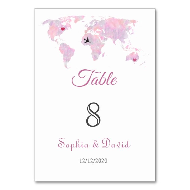 Custom Destination Watercolor World Map Wedding Table Number (Front)