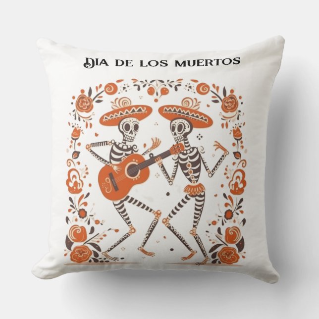 Custom Día de los Muertos Mariachi Skeletons Throw Pillow (Front)
