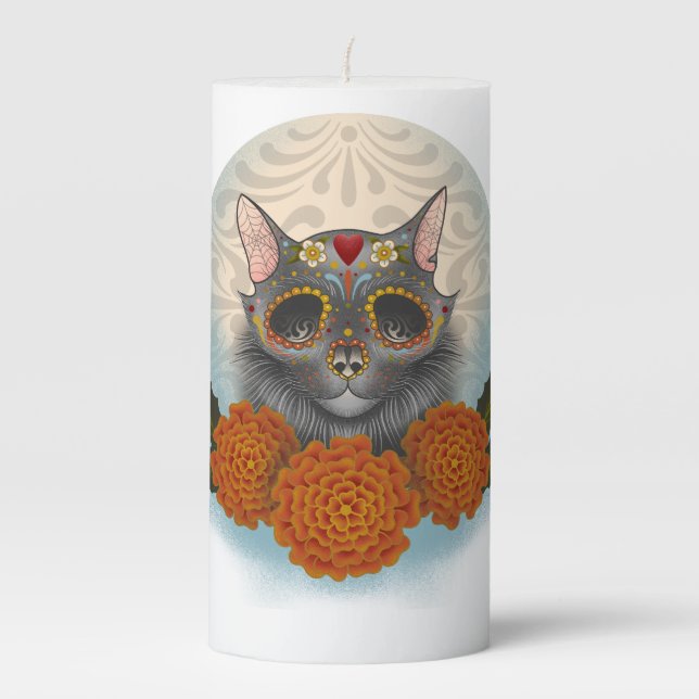 Custom Dia de Los muertos pet portrait Pillar Candle (Front)