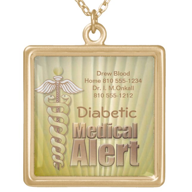 Custom Diabetic Medical Alert Gold Plated Necklace (Front)