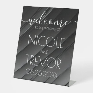 Custom Diagonal Grey Lines Welcome Wedding Pedestal Sign