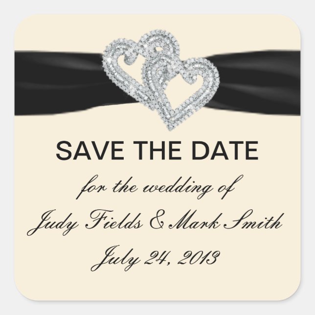 Custom Diamond Black Ribbon Save The Date Stickers (Front)
