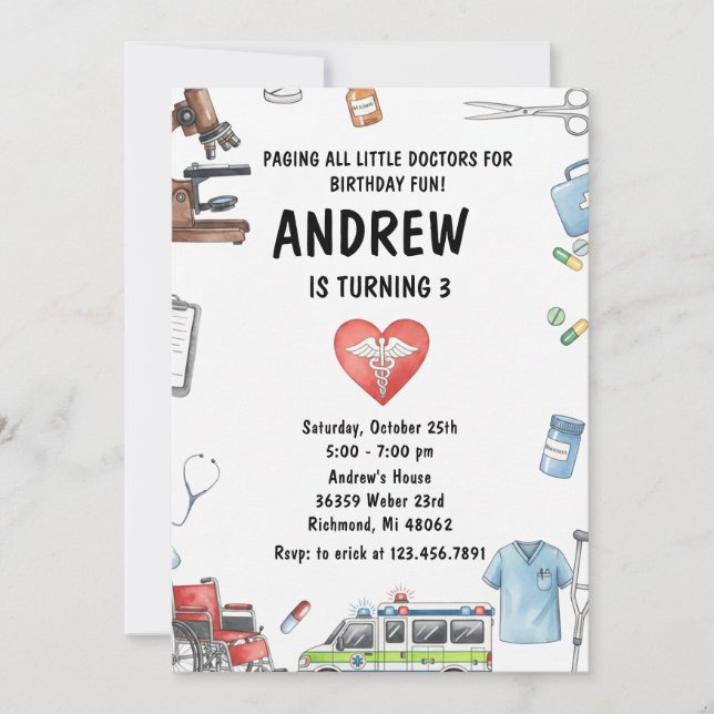 Custom Digital Kids Doctor Birthday Party Invitation (Front)