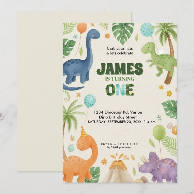 Custom Dino Jungle 1st Birthday Invitation  (Front/Back)