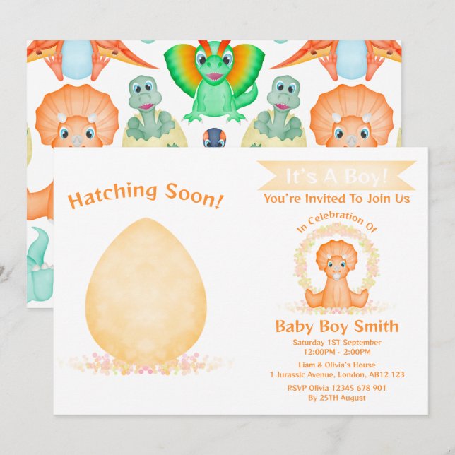 Custom Dino Watercolour Dinosaur Boy Baby Shower Invitation (Front/Back)