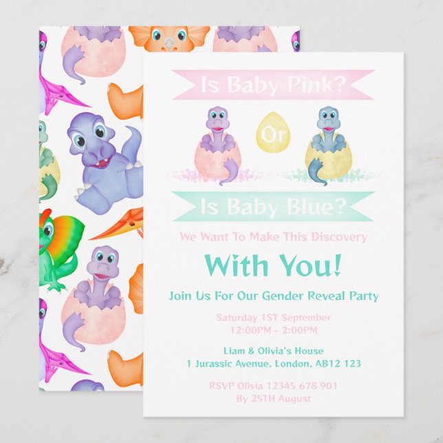 Custom Dino Watercolour Dinosaur Gender Reveal Invitation (Front/Back)