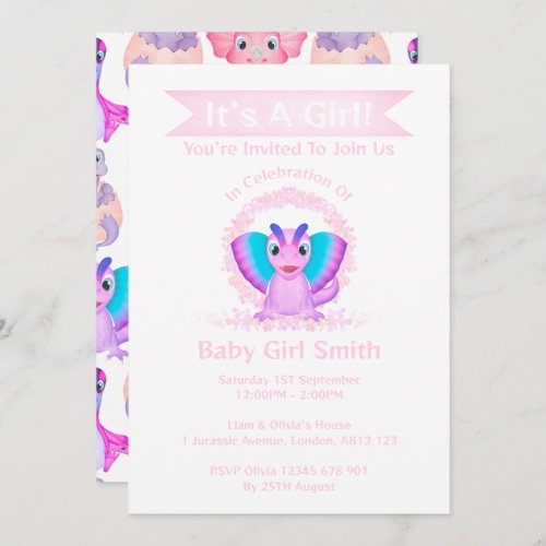 Custom Dino Watercolour Dinosaur Girl Baby Shower Invitation