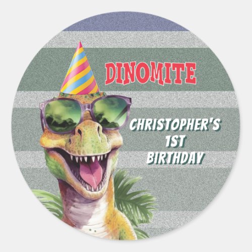 Custom Dinosaur Dinomite Birthday Party Classic Round Sticker