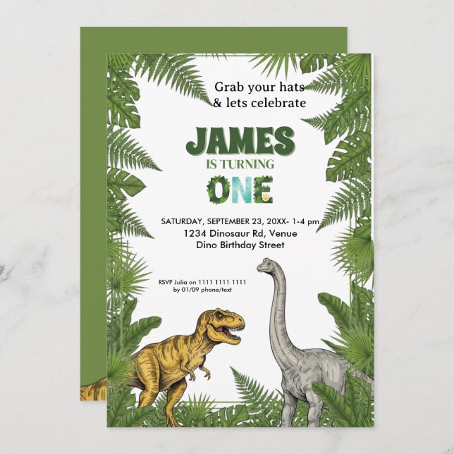Custom Dinosaur Jungle 1st Birthday Invitation (Front/Back)