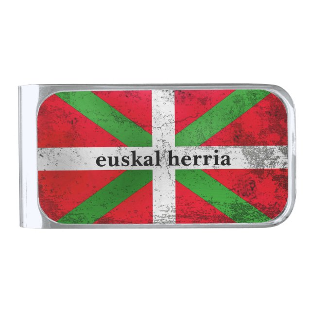 Custom, distressed Basque Country flag, Ikurriña: Silver Finish Money Clip (Front)