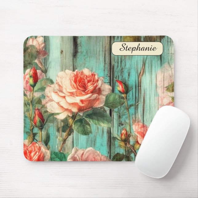 Custom Distressed Turquoise Rose Mouse Pad (With Mouse)