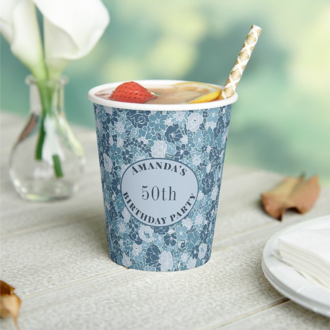 Custom Ditsy Floral Pattern Gray Blue Paper Cups (Insitu)