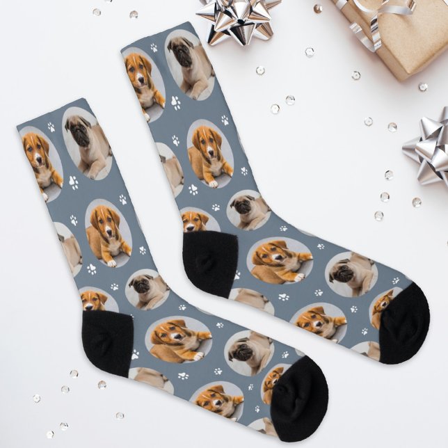 Custom Dog 2 Photo Slate Paw Print Socks (Creator Uploaded)