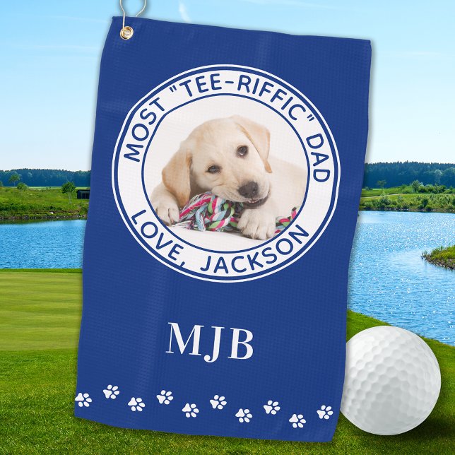 Custom Dog Best Dad Ever Golfer Blue Photo Golf Towel (Creator Uploaded)