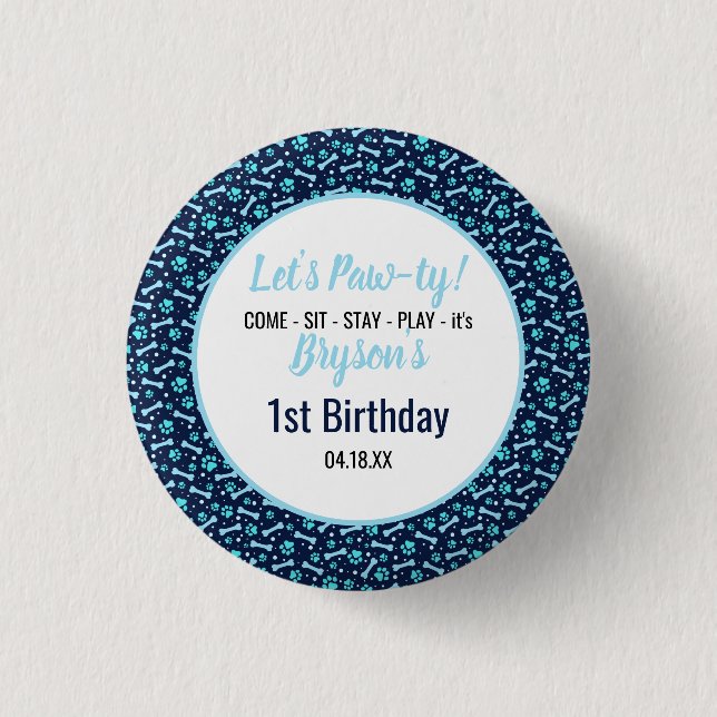 Custom Dog Birthday Blue Paw Print Puppy Pet Button (Front)