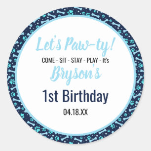 Custom Dog Birthday Blue Paw Print Puppy Pet Classic Round Sticker