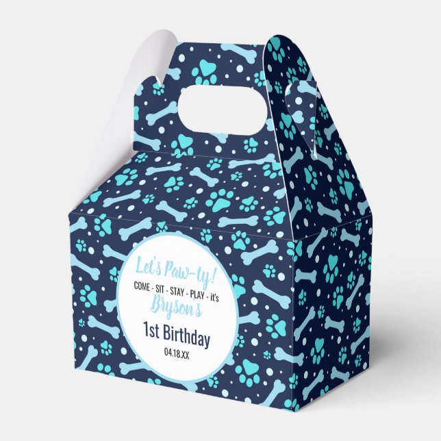 Custom Dog Birthday Blue Paw Print Puppy Pet Favor Boxes (Front Side)