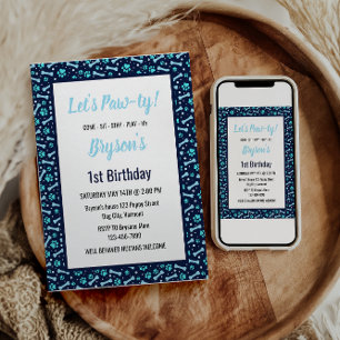 Custom Dog Birthday Blue Paw Print Puppy Pet Invitation