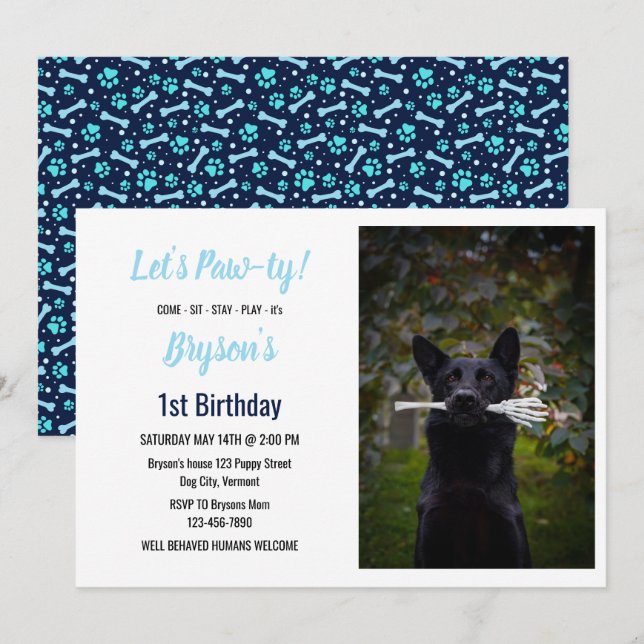 Custom Dog Birthday Blue Paw Print Puppy Pet Invitation (Front/Back)