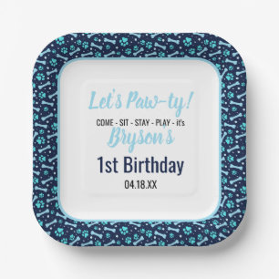Custom Dog Birthday Blue Paw Print Puppy Pet Paper Plates