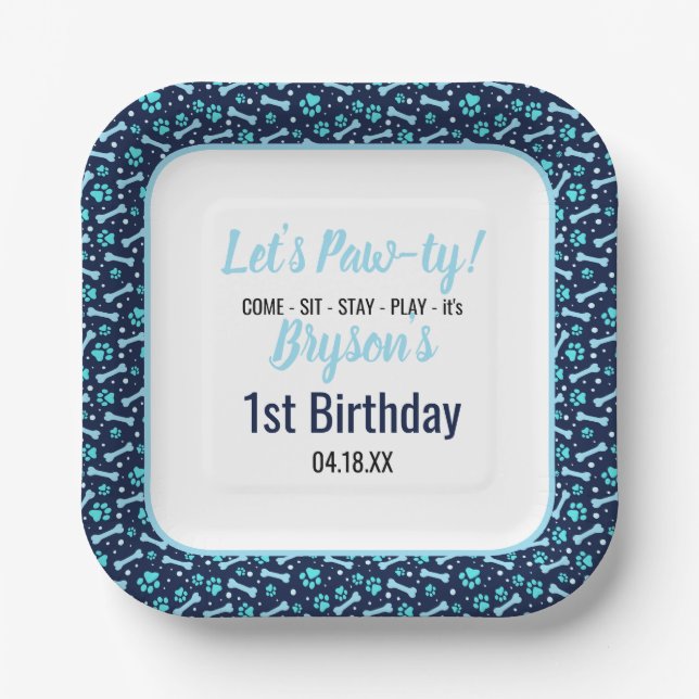 Custom Dog Birthday Blue Paw Print Puppy Pet Paper Plates (Front)