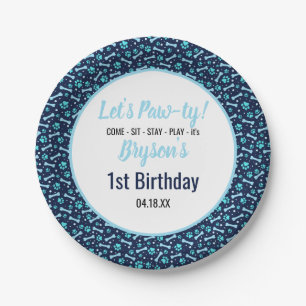 Custom Dog Birthday Blue Paw Print Puppy Pet Paper Plates