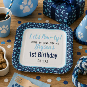 Custom Dog Birthday Blue Paw Print Puppy Pet Paper Plates