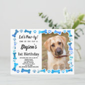 Custom Dog Birthday Blue Paw Print Puppy Pet Photo Invitation (Standing Front)