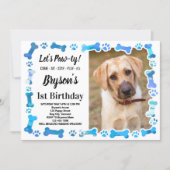 Custom Dog Birthday Blue Paw Print Puppy Pet Photo Invitation (Front)