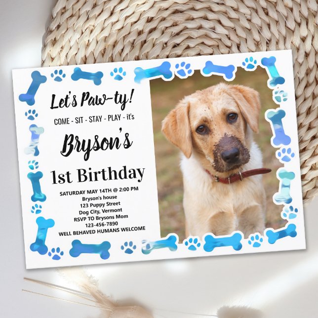 Custom Dog Birthday Blue Paw Print Puppy Pet Photo Invitation