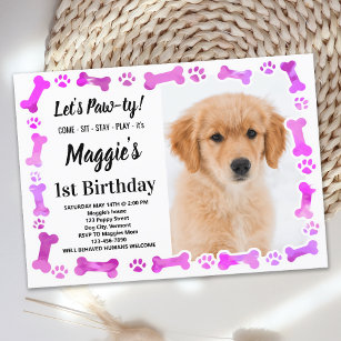 Custom Dog Birthday Pink Paw Prints Pet Photo Invitation