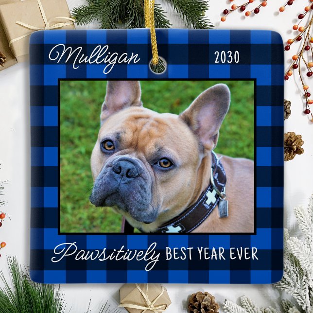 Custom Dog Blue Plaid Christmas 2 Pet Photo Ceramic Ornament (Creator Uploaded)