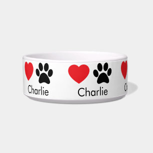 Custom Dog Bowl with Name, Paw Prints & Hearts