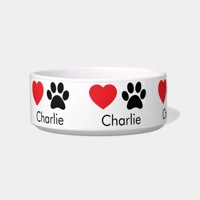 Custom Dog Bowl with Name, Paw Prints & Hearts (Front)