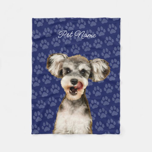 Custom Dog Cat Portrait Pet Photo Paw Name Blue Fleece Blanket
