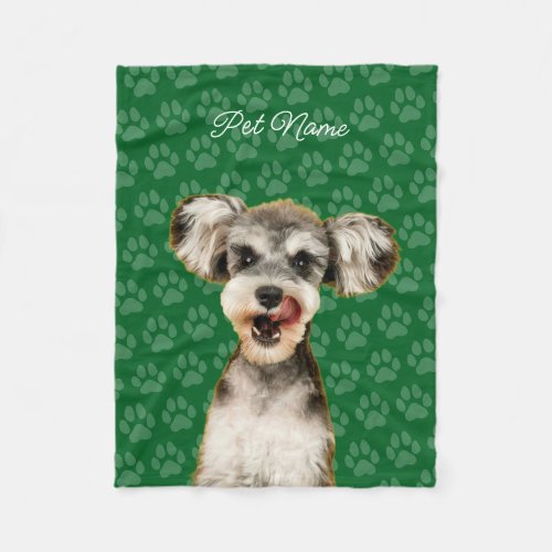 Custom Dog Cat Portrait Pet Photo Paw Name Green Fleece Blanket