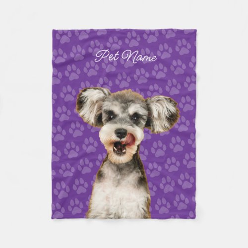Custom Dog Cat Portrait Pet Photo Paw Name Purple Fleece Blanket